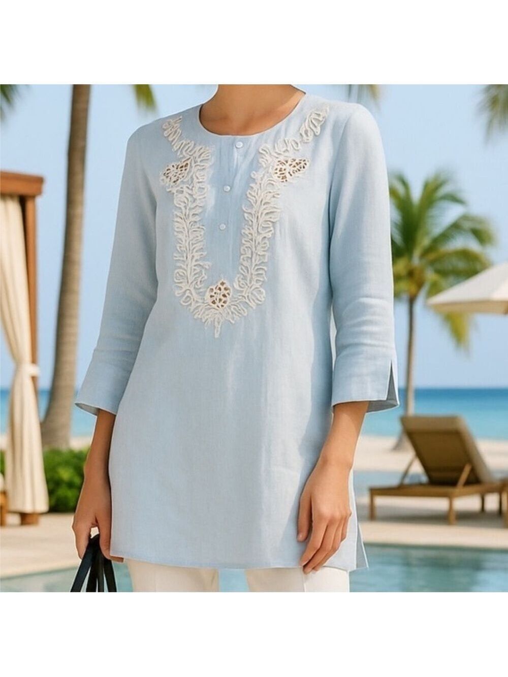 Brooks Brothers Linen Embroidered Tunic Top Sky Blue, Size 4
